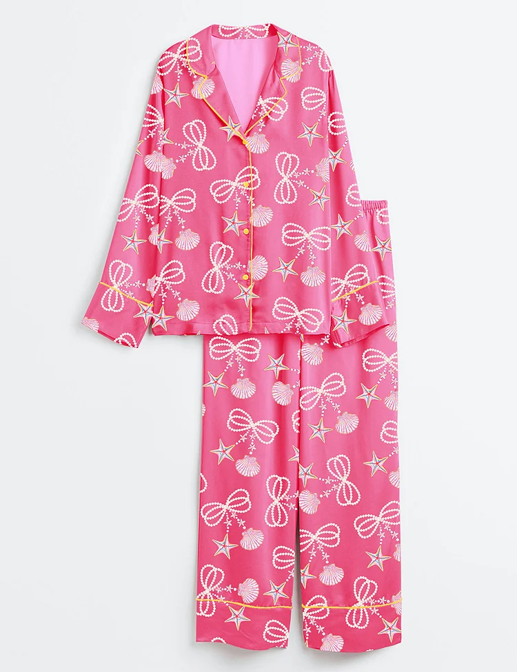 Women&rsquo;s Coquette Pearl Bow Summer Vibes Pink Clam Summer Beach Print Long Sleeve Satin Pajama Set