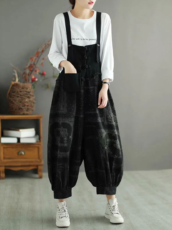 Original Geometry Print Frog Casual Loose Denim Overalls
