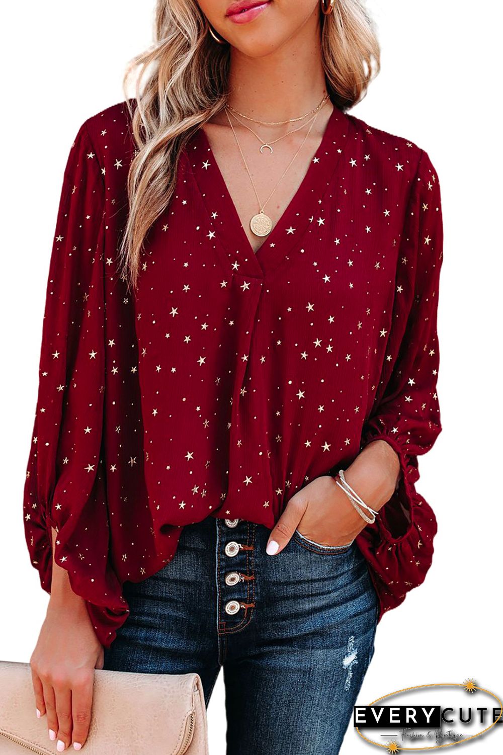 Red V Neck Star Print Billowy Sleeves Blouse
