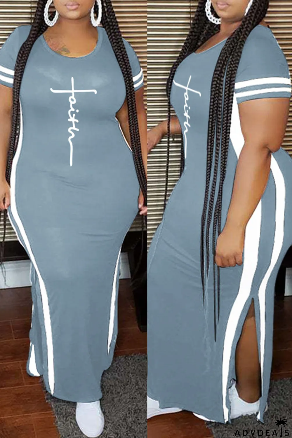 Tibetan Blue Fashion Casual Plus Size Print Slit O Neck Short Sleeve Dress