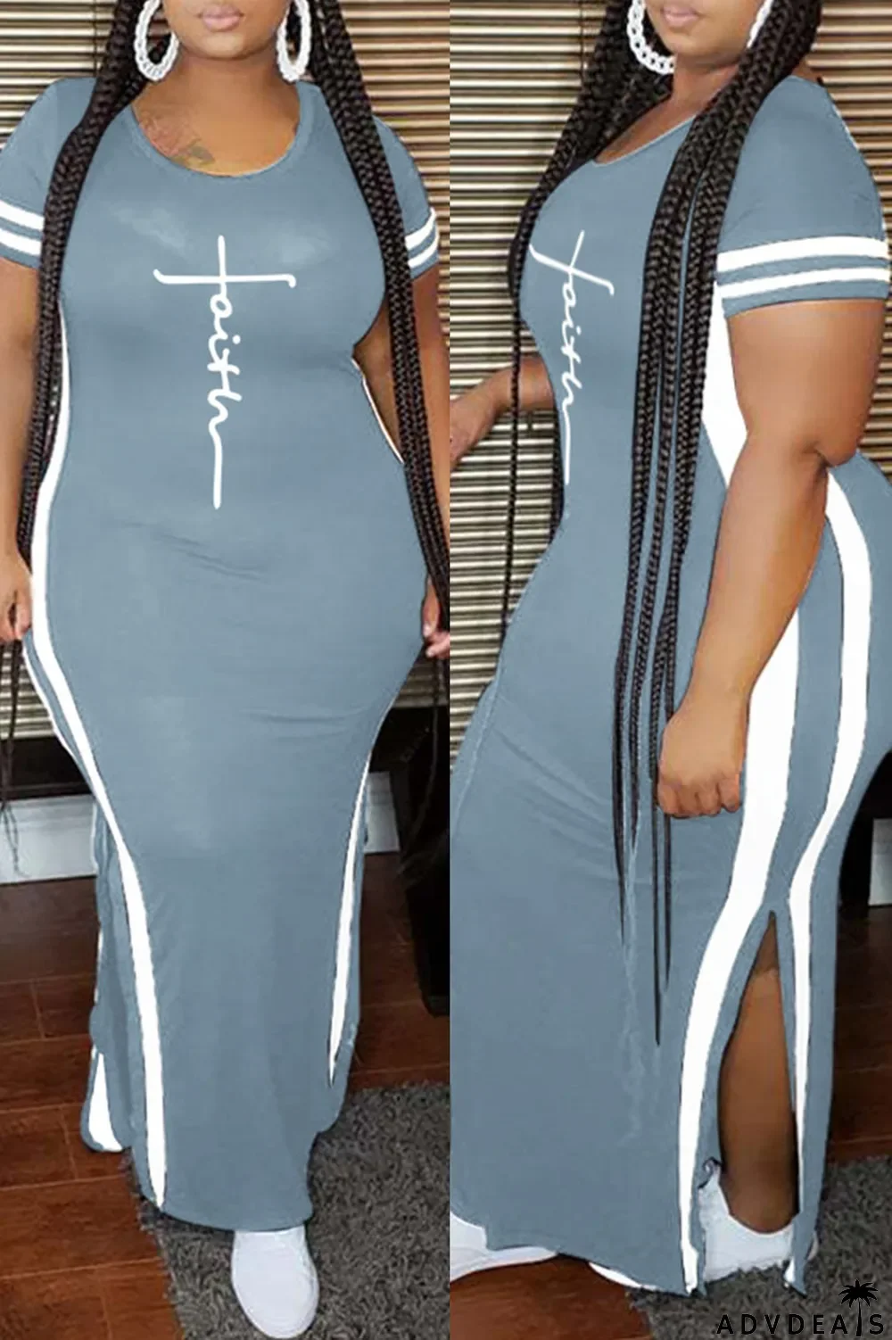 Tibetan Blue Fashion Casual Plus Size Print Slit O Neck Short Sleeve Dress