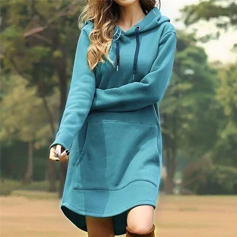 2021 Women's Solid Color Long Hoodies Fashion Girl's Loose Hoodies Dresses Korean Style Casual Long Sleeve Hooded Sweatshirts