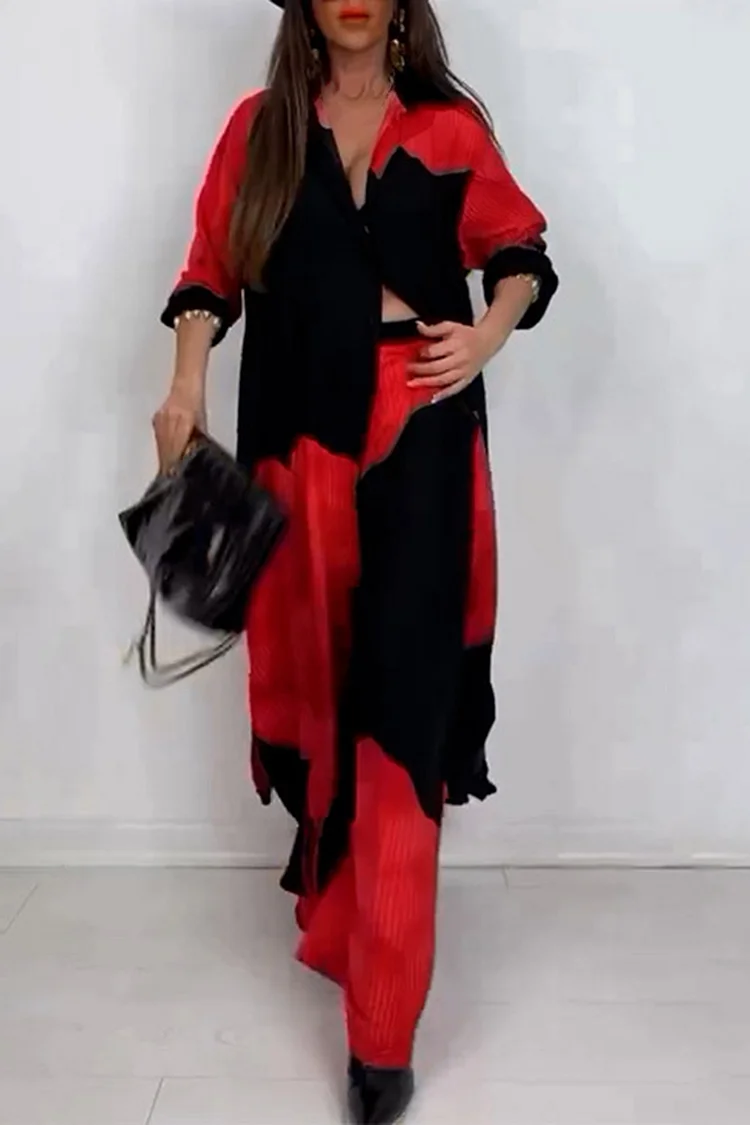 Leaf Print Turndown Collar Long Shirt Wide Leg Pants Casual 2pcs Set