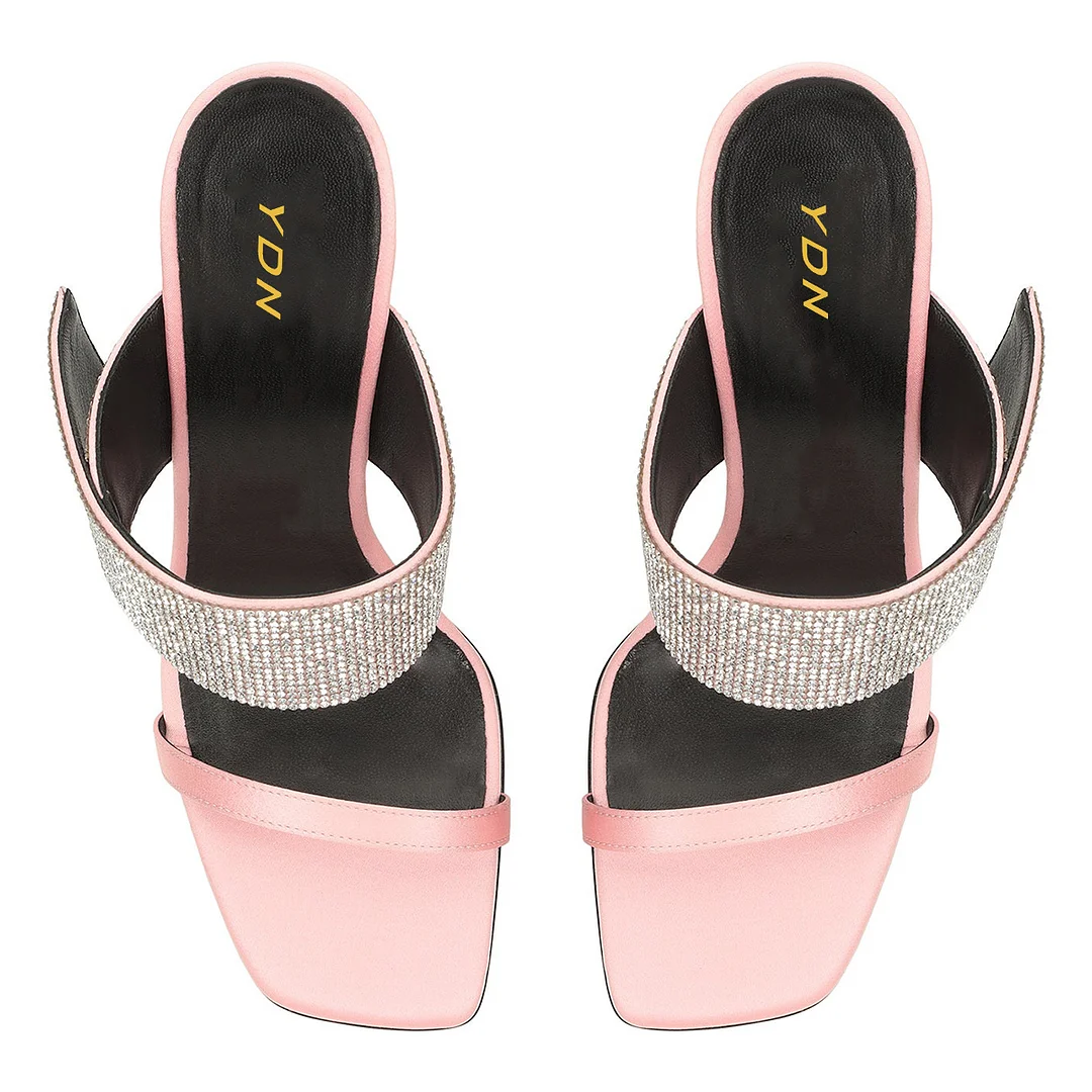 Satin Rhinestone Embellished Band Decorative Heel Mules in Pink