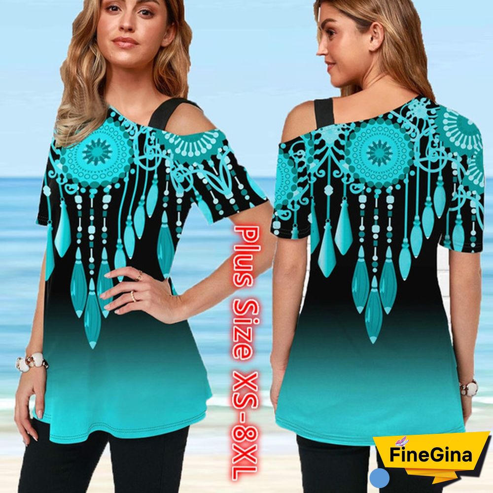 Womens Tops Femme Blouse Tribal Print Short Sleeve Gradient T Shirt Plus Size XS-8XL