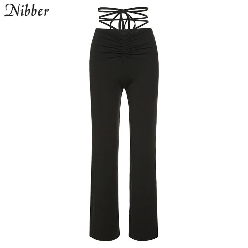 Nibber Y2K Punk High Waist Hollow Bandage Straight Pants Female High Quality Activity Trousers Kpop Street Casual 2021 Summer