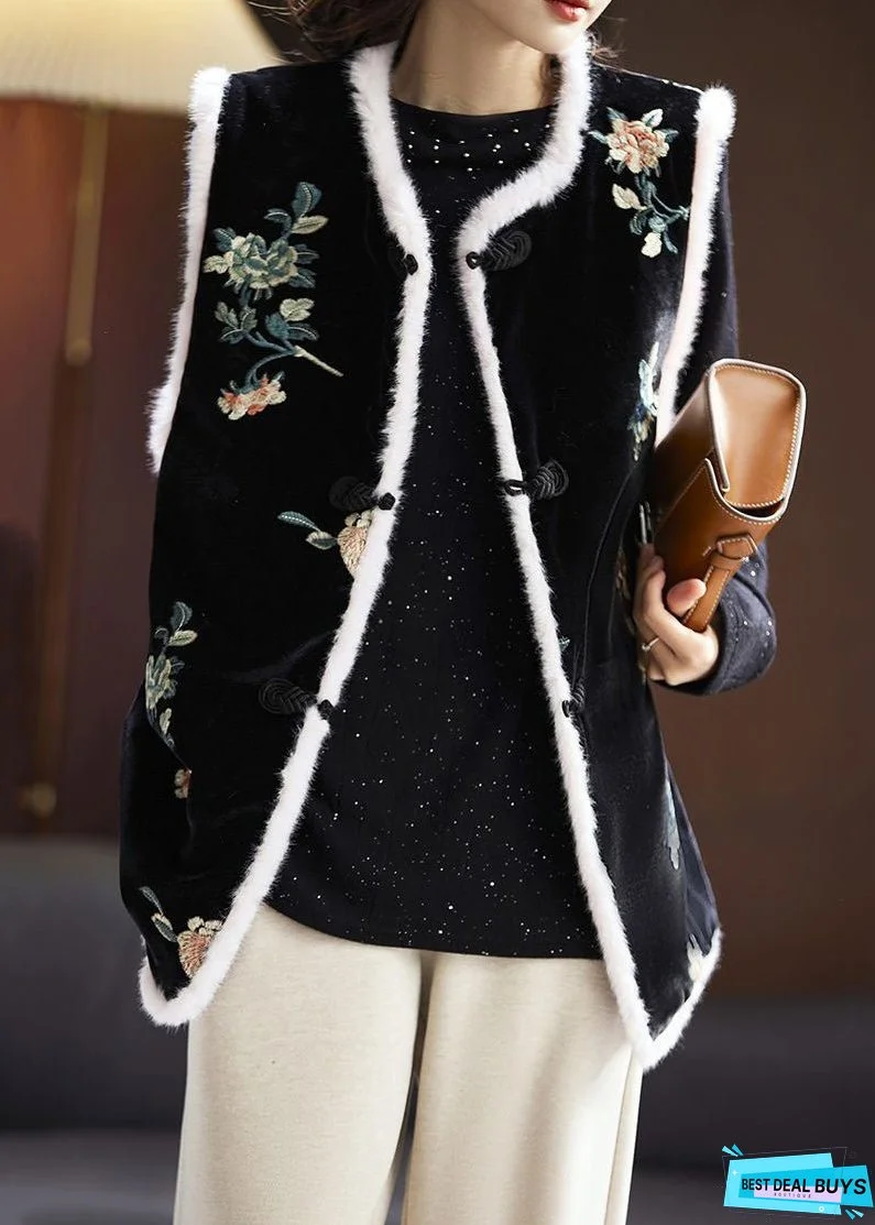 New Black Fluffy Embroideried Button Cotton Filled Waistcoat Sleeveless