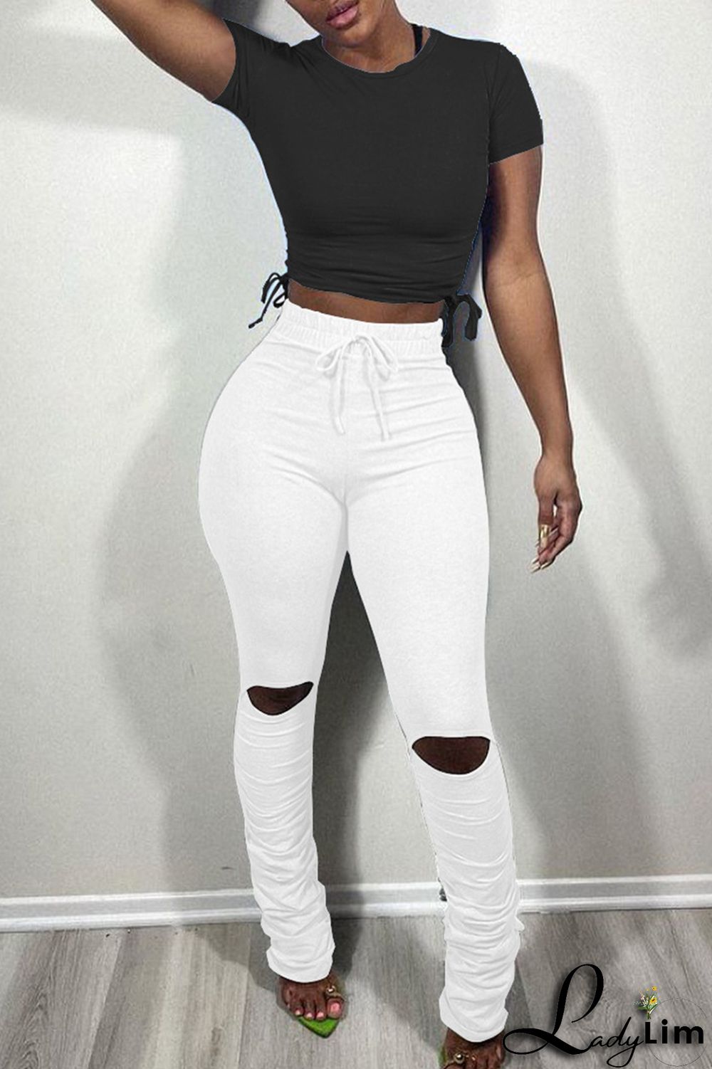 Pink Fashion Casual Solid Ripped Fold Skinny High Waist Trousers