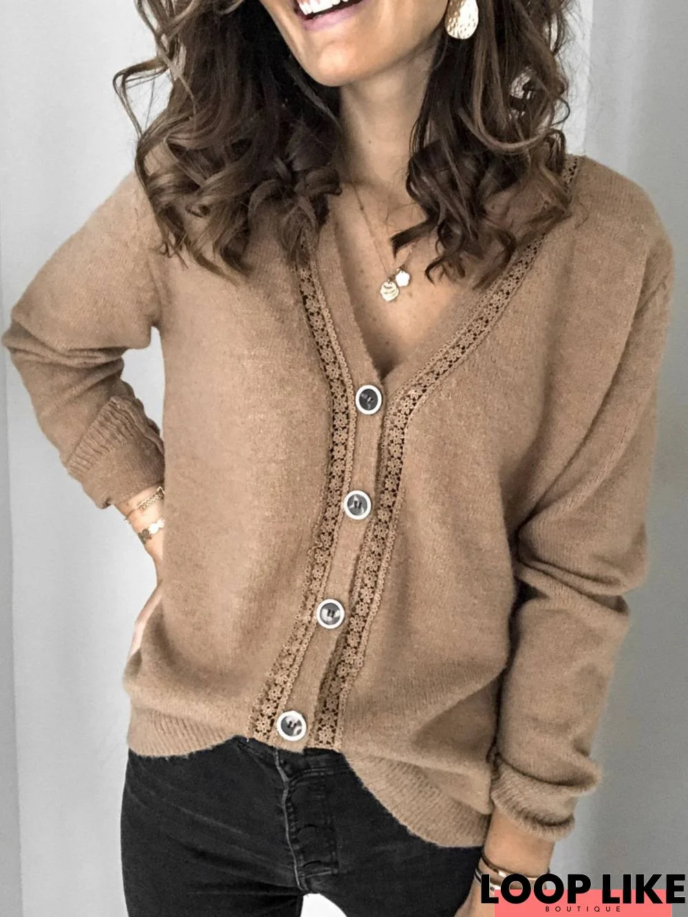 Casual Autumn Knitted V neck Mid-weight Micro-Elasticity Daily Long sleeve Jacket for Women