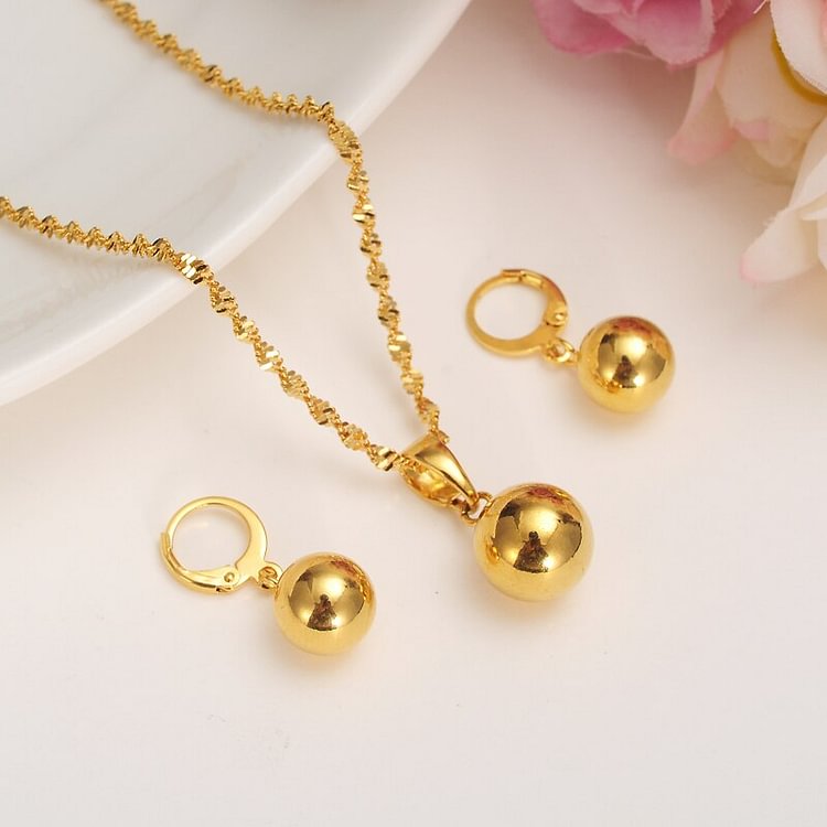 Gold Color Bead Jewelry sets Round Pendant Chain Necklace Ball dangle drop Earrings for Women