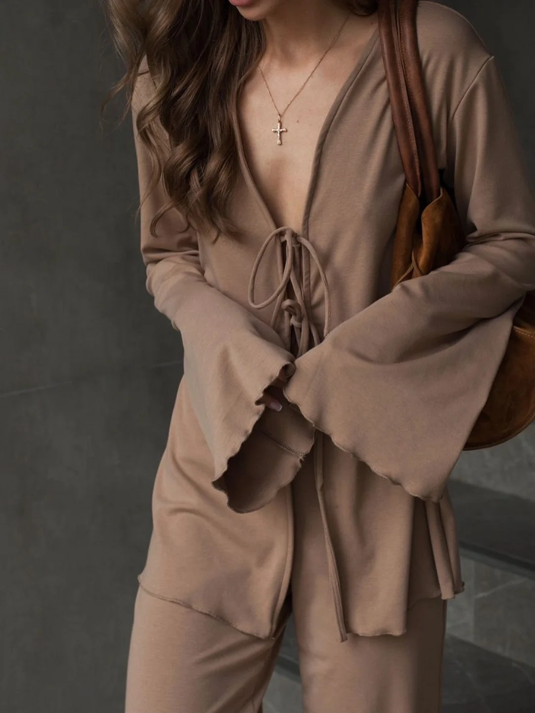 Athvotar Athvotar Casual Light And Thin Tight With Horn Sleeves Loose Waist Straight Trousers Knitting Set Spring And Autumn