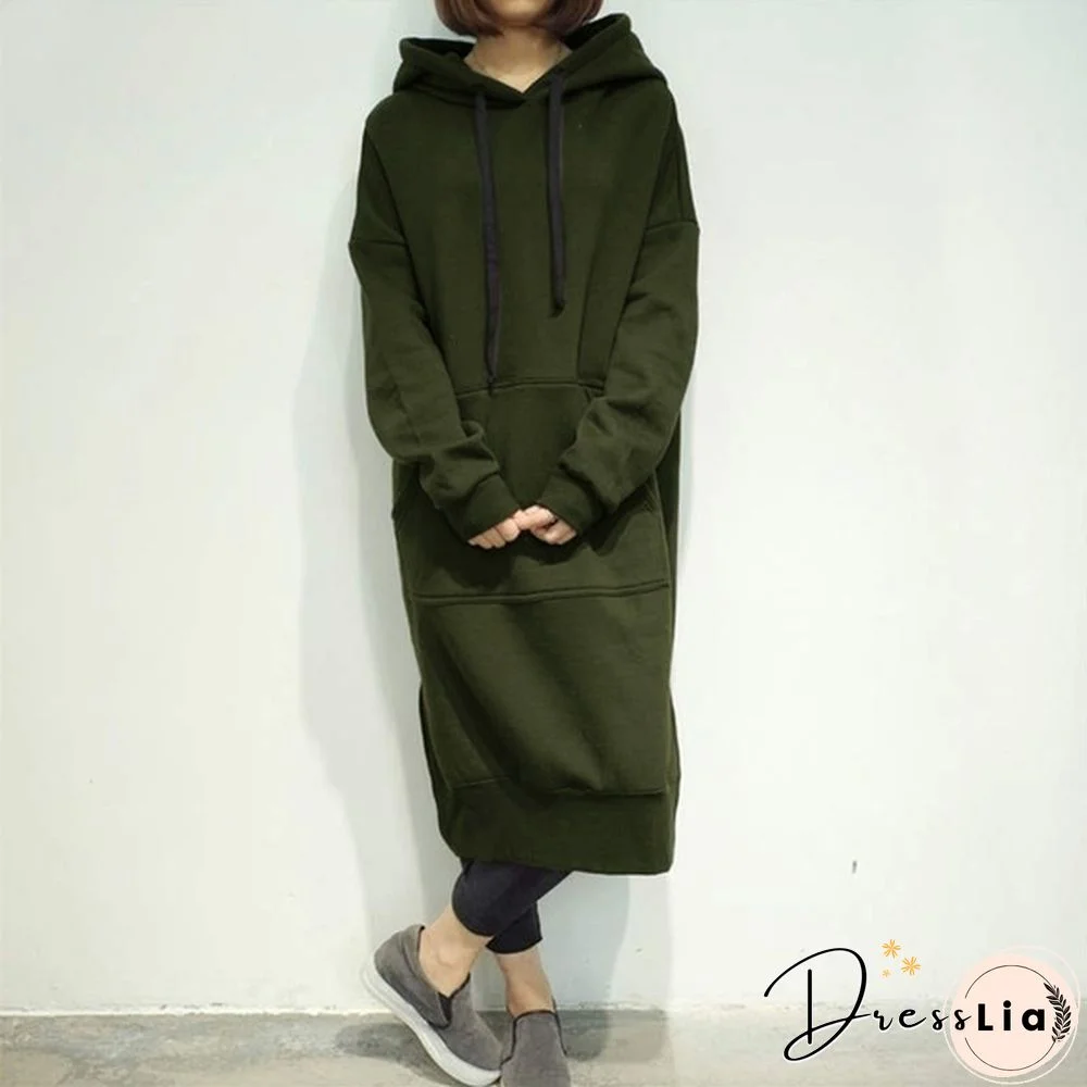 Women Plus Size Spring Autumn Casual Long Pullover Fleece Hooded Sweatshirt Dress L-5Xl