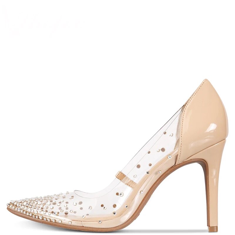 TAAFO Nude Clear Pumps High Thin Heels Women Crystal Pointed Toe Ladies Party Rhinestone Accents Shoes