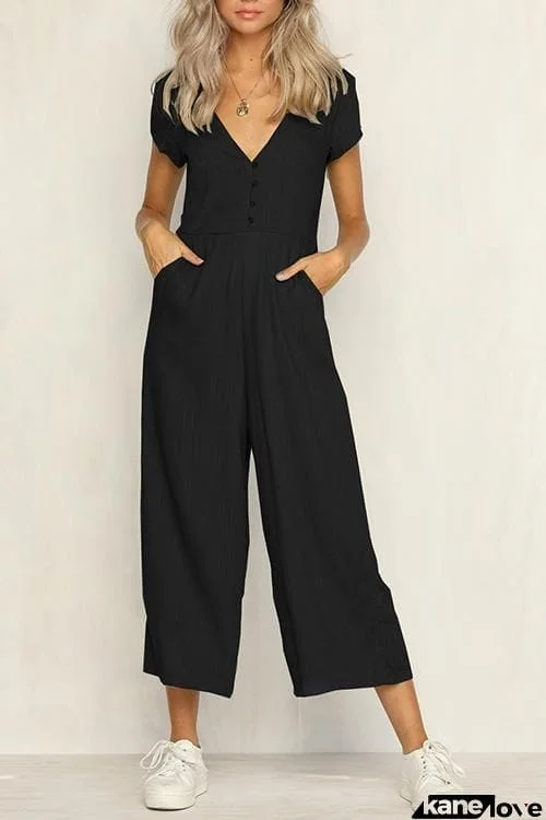 Button Pocket V Neck Jumpsuit