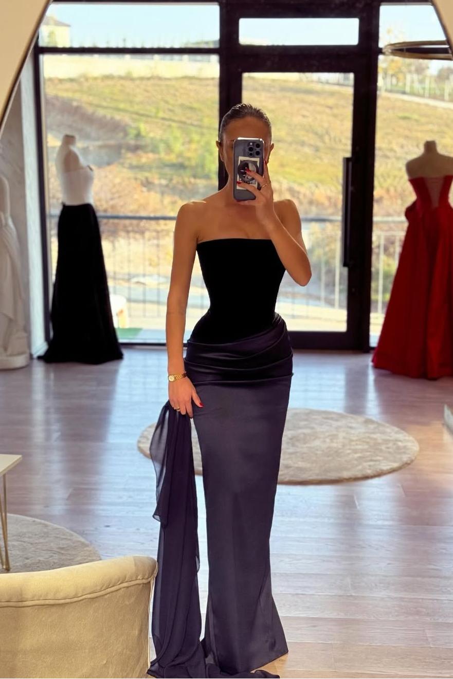 Charming Strapless Regency Satin Sleeveless Velvet Slim Prom Dress with Pleated | MS0565 