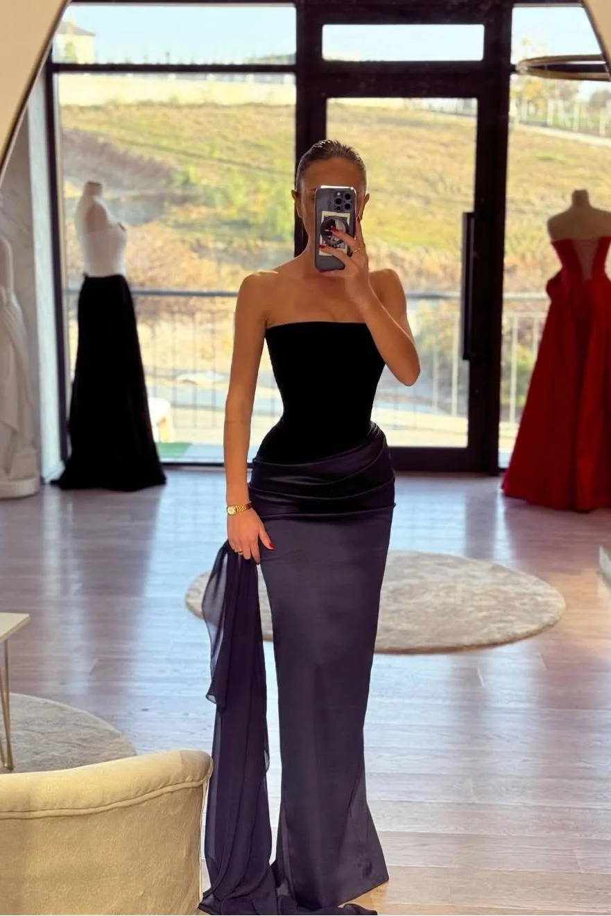 Miabel Charming Rengency Satin Sleeveless Strapless Velvet Slim Prom Dress with Pleated 