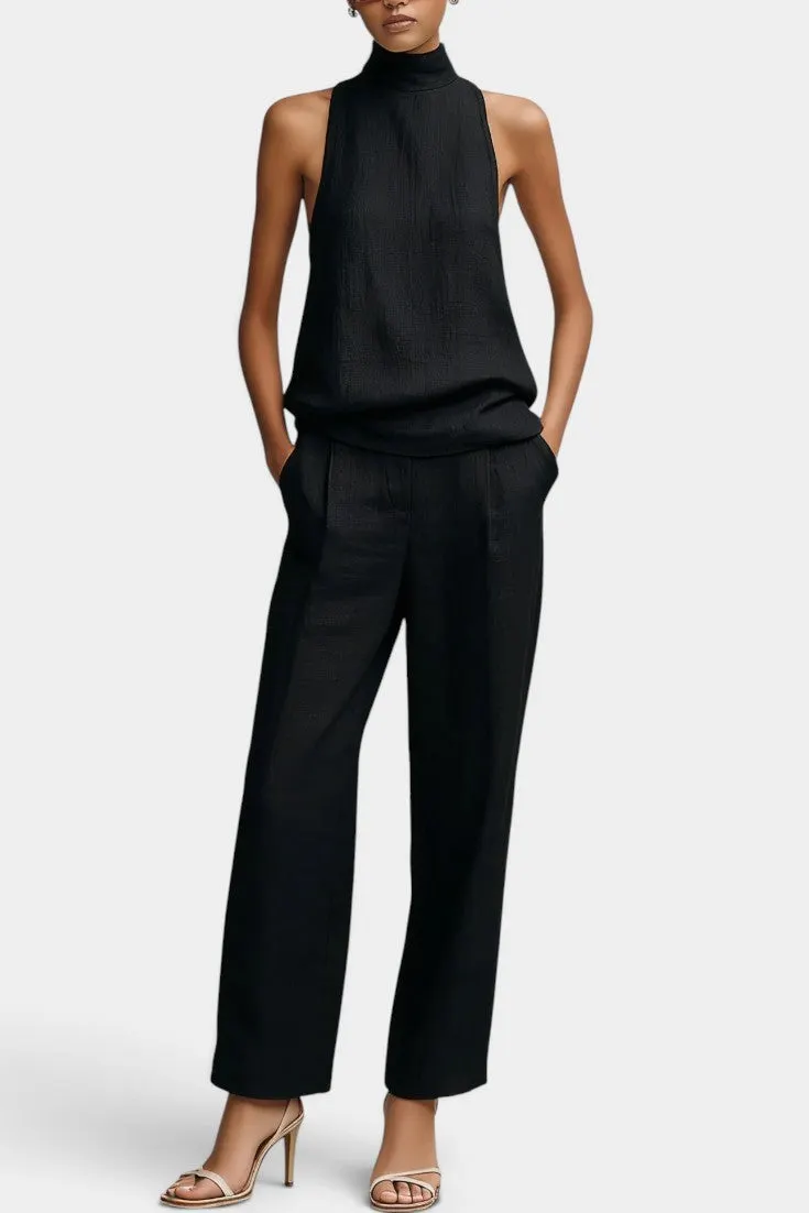 High-Neck Sleeveless Top with Wide-Leg Trousers Set