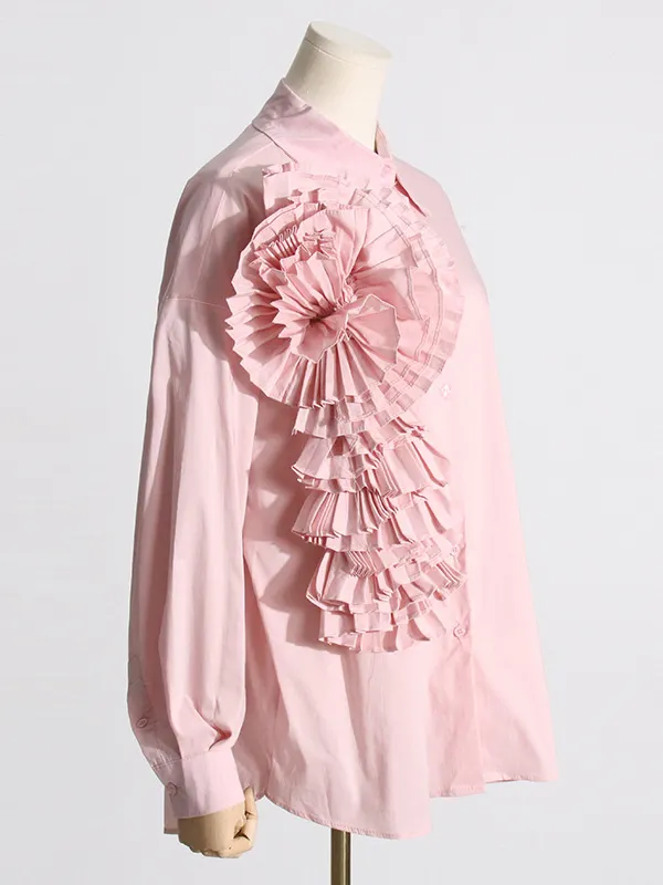 Long Sleeves Buttoned Flower Print Pleated Tied Lapel Collar Blouses&Shirts Tops main image 1