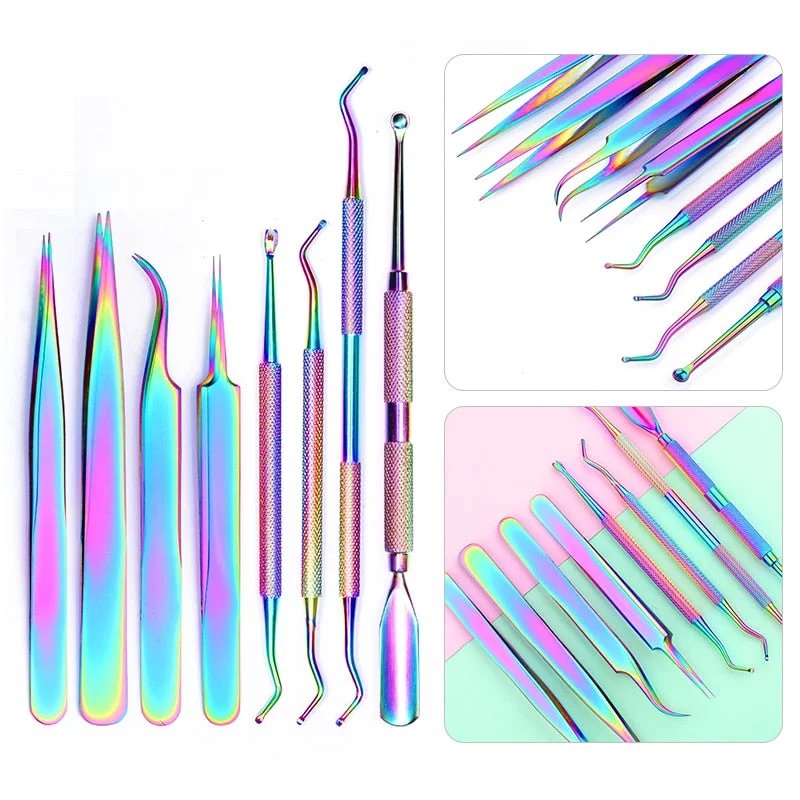 8 Style Colorful Cuticle Pusher Tweezer Nails Pusher Tools Cuticle Trimmer Dead Skin UV Gel Polish Stainless Steel Clean Tools-Nail Inspo