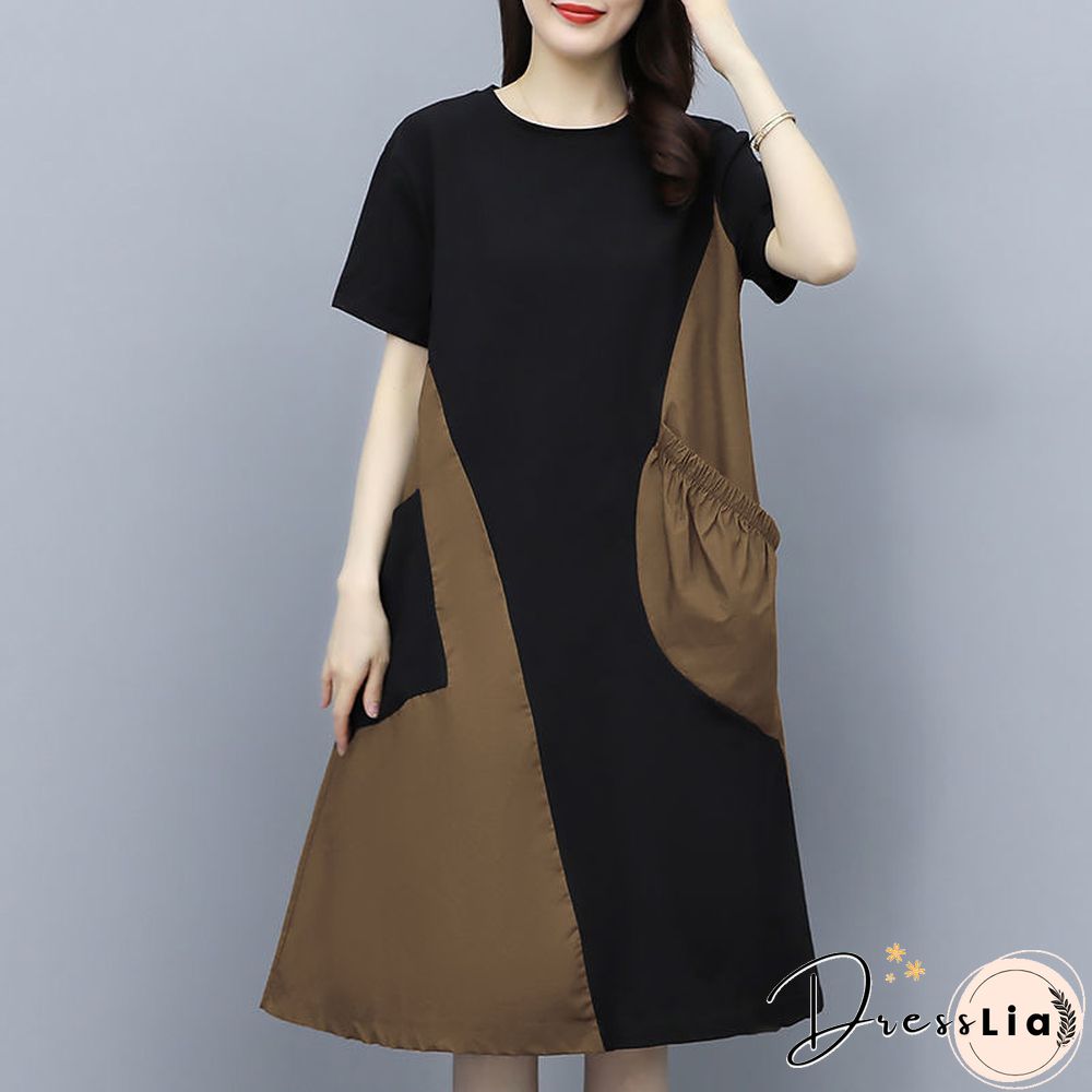 Contrast Stitching Dress In Long Large Size Loose Slim Belly Skirt
