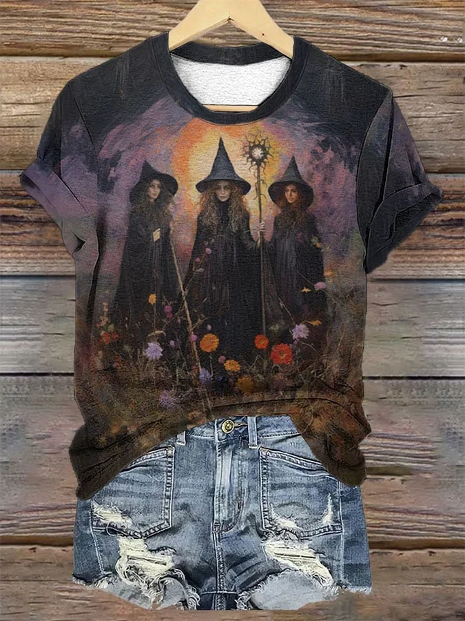 Women's Halloween Witches Haunted In Wildflower Field Print Casual Tee