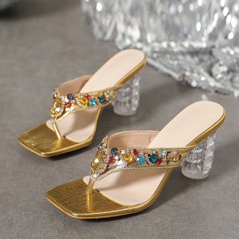 LANFUBEISI Fashion Colour Gem Rivet Women Slippers Sandals Transparent Strange Low Heels Slides Shoes Summer Beach Party Flip Flops LANFUBEISI