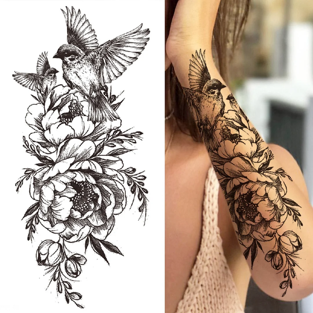 Realistic Fake Peony Temporary Tattoos For Women Girl Black Rose Elephant Flower Tattoo Sticker Tiger Anemone Tatoos Half Sleeve 1118