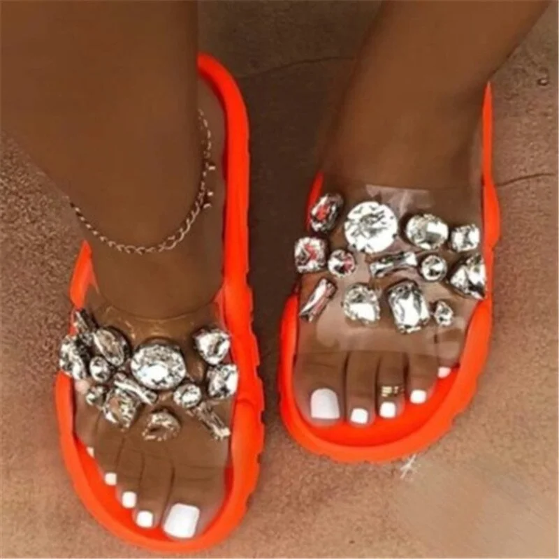 Ladies Summer Slippers With Rhinestone Decoration Bright Color Wedges Soft Slippers Casual Leaky Toe Beach Outdoor Slippers