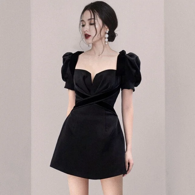 Elegant Puff Sleeve Black Prom Dress BE686