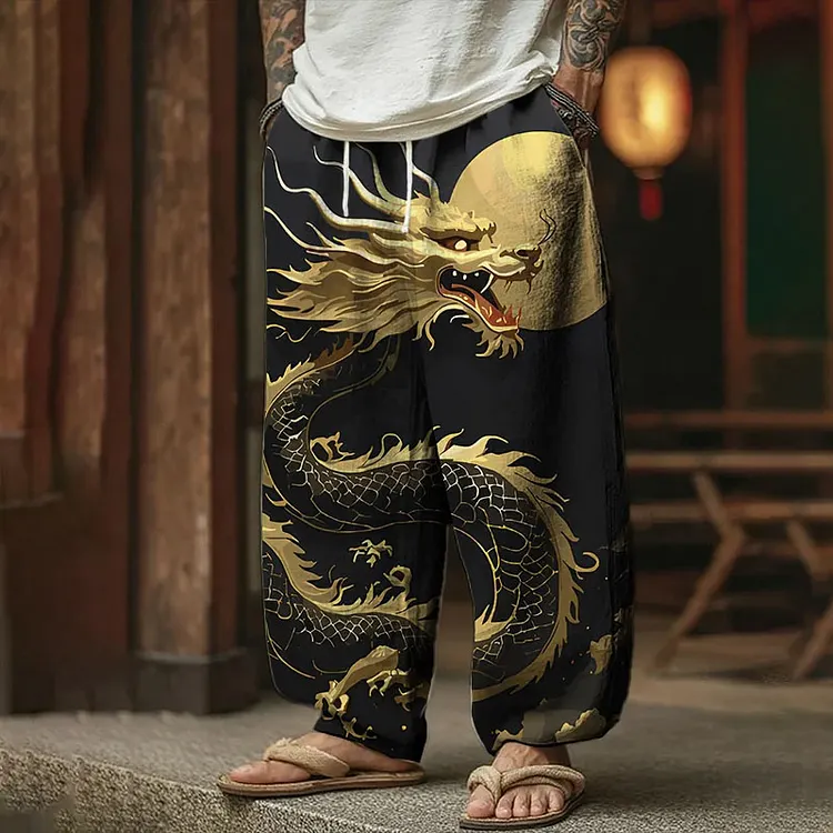 Men's Retro Dragon Myth Art Print Casual Pants