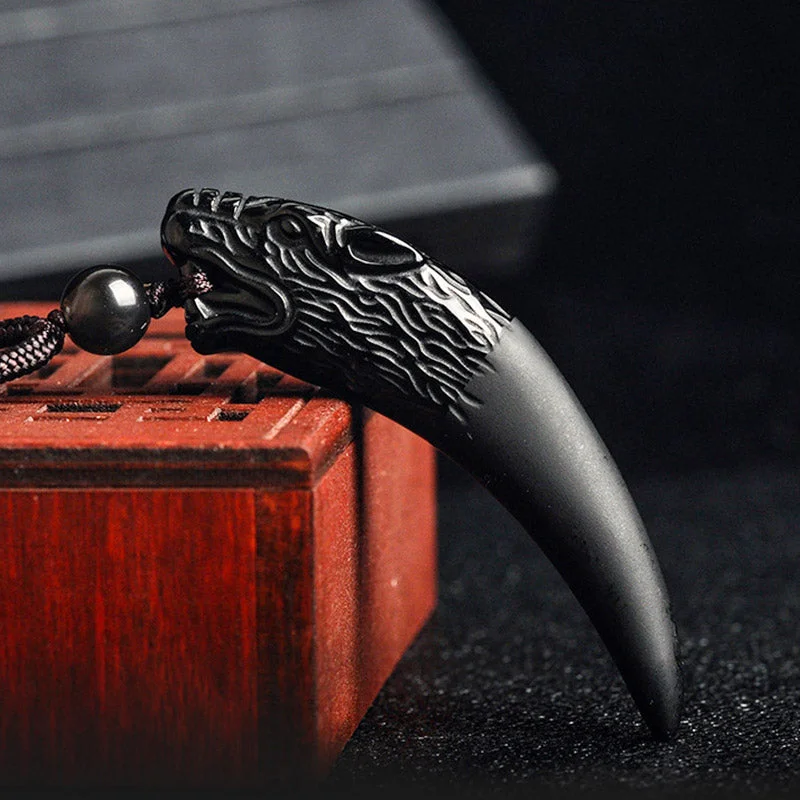Natural Black Obsidian Ice Obsidian Rainbow Obsidian Wolf Tooth Pattern Strength Necklace Pendant