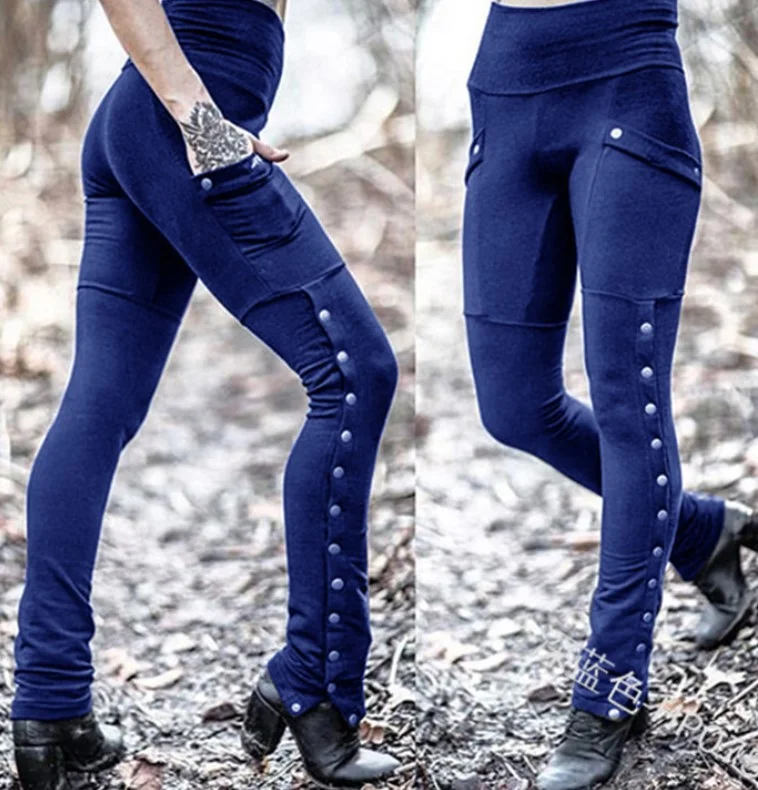 Uveng Uveng Fashion Handsome Lady Rivet Open Fork Design Pedal Trousers Emboldel Pocket Decor Pencil Pants