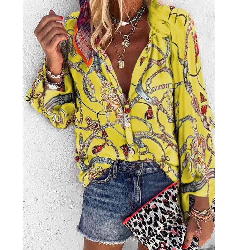 Women Blouse V-neck Long Sleeve New Design Plus Size Chains Print Loose casual Shirts Womens 2020 Tops And Blouses blusas largas