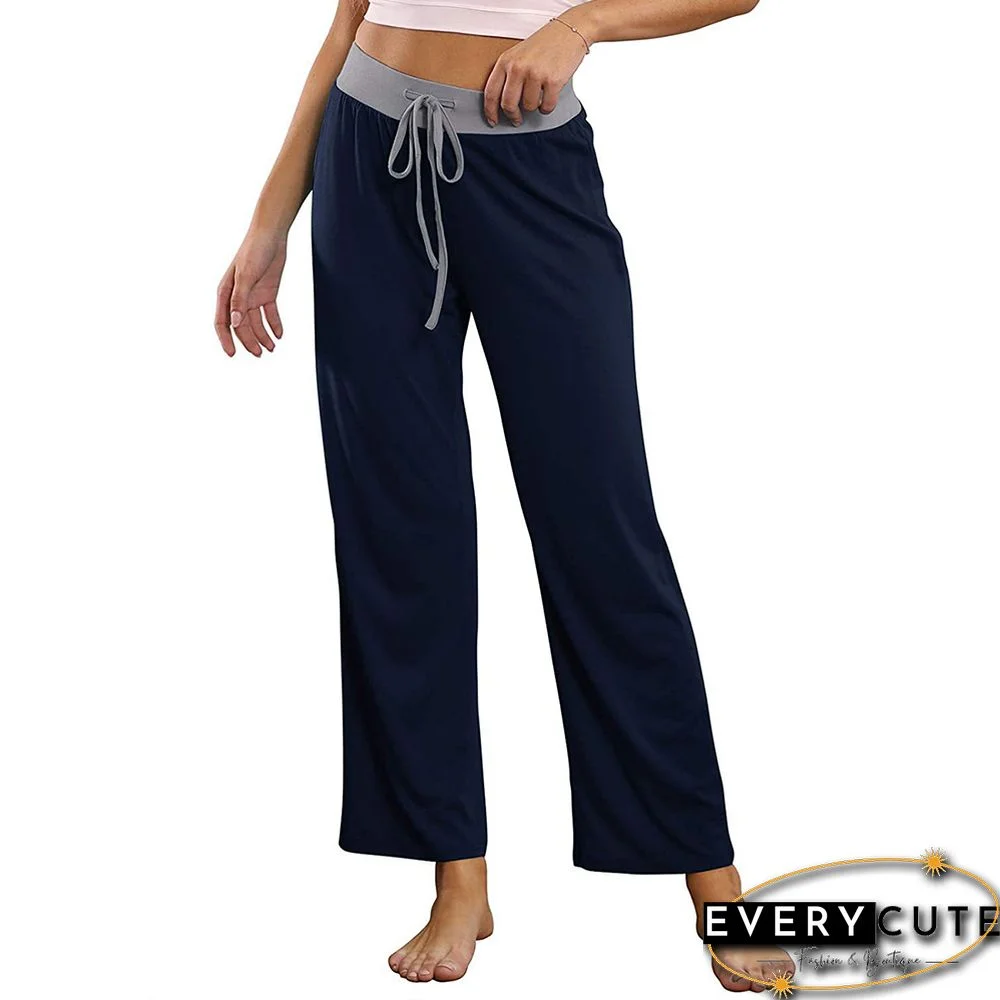 Navy Blue Contrast Lace-up Wide Leg Casual Pants