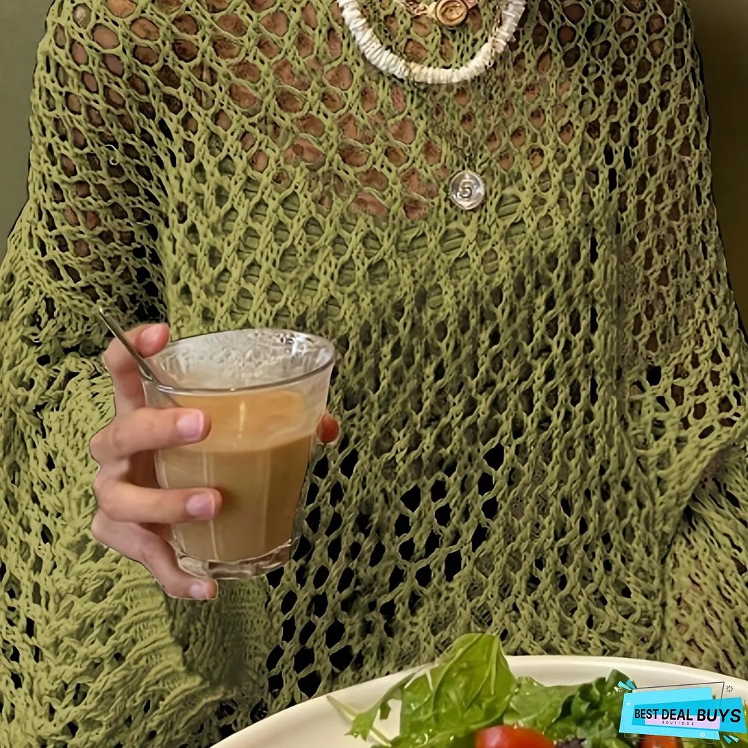 Crochet Cut Out Cover Up Top, Y2K Long Sleeve Crew Neck Top, Women's Clothing