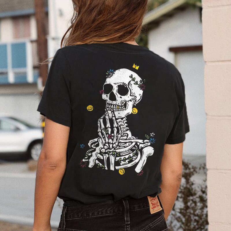 Emoji Smiling Skull Printed Crew Neck Women's T-shirt