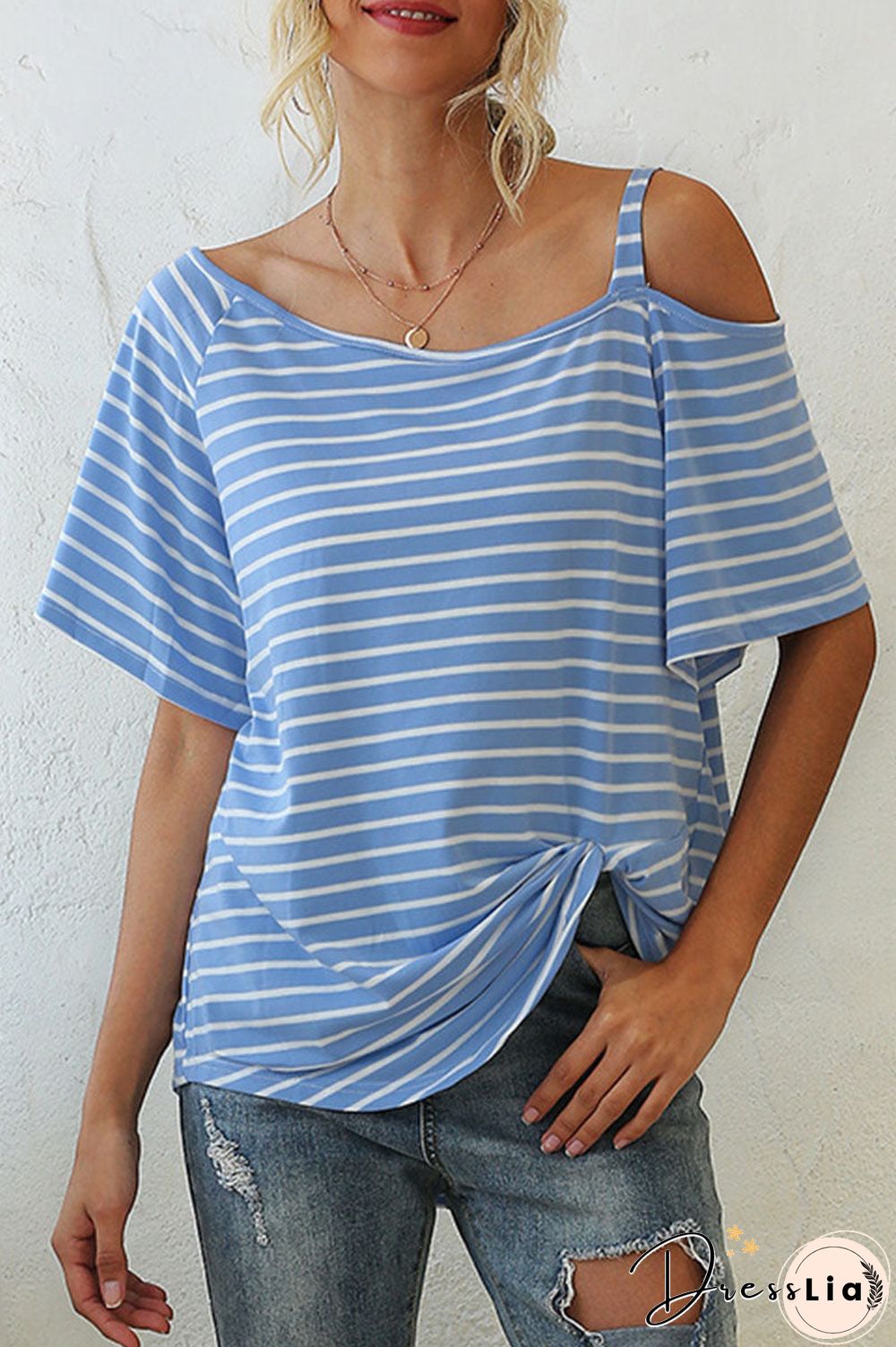 Fashion Street Striped Oblique Collar T-Shirts