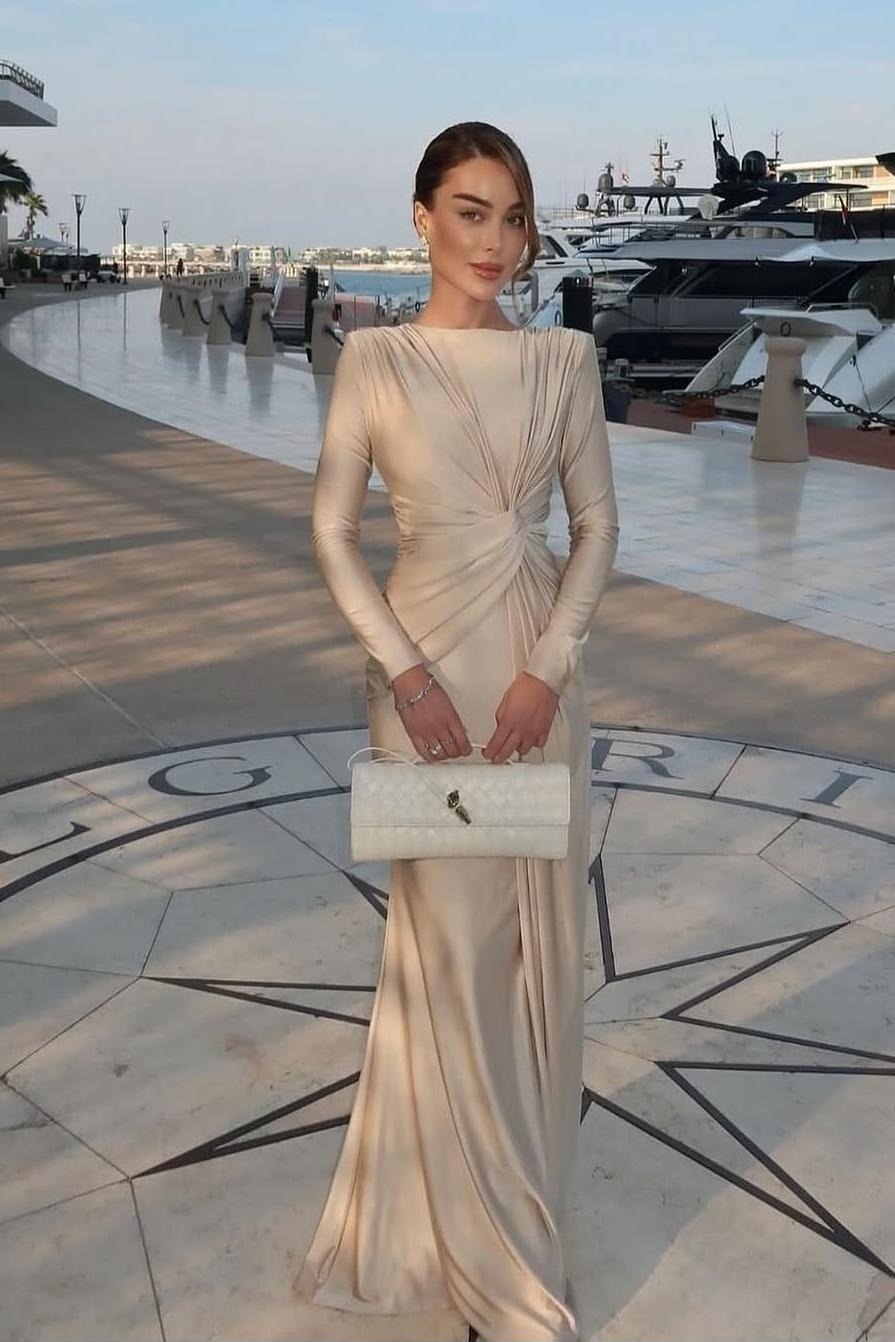  Graceful Long-Sleeve Pleated Sheath Evening Dress – Ohprom