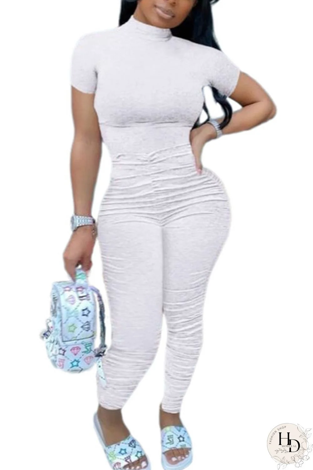 Fluorescent Yellow Fashion Casual Solid Draped Polyester Short Sleeve O Neck Jumpsuits