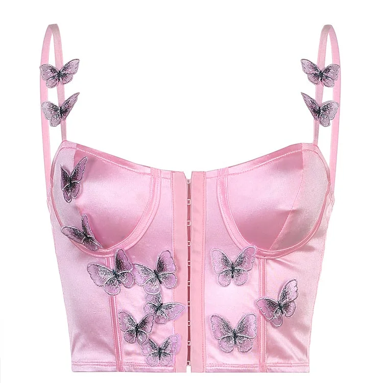 Rapcopter y2k Butterfly Corset Top Satin Cute Sweet Crop Top Pin Up Backless Party Beach Mini Vest Women Summer Grunge Tee 2022