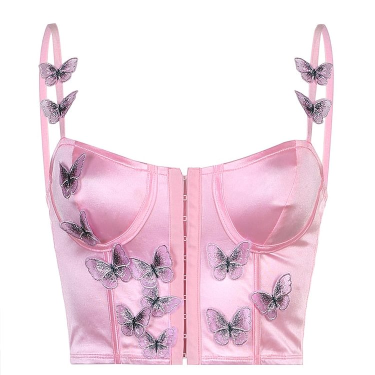 Rapcopter y2k Butterfly Corset Top Satin Cute Sweet Crop Top Pin Up Backless Party Beach Mini Vest Women Summer Grunge Tee 2022