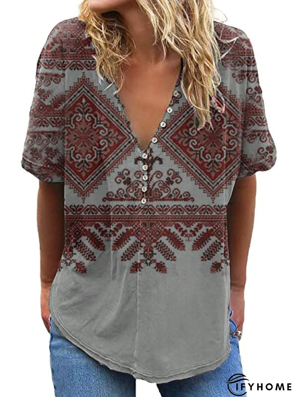 Shift Geometric V Neck Short Sleeve T-shirt | IFYHOME