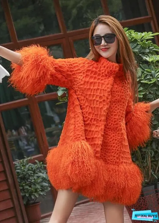 Women Orange Fluffy Patchwork Wool Coat Winter
