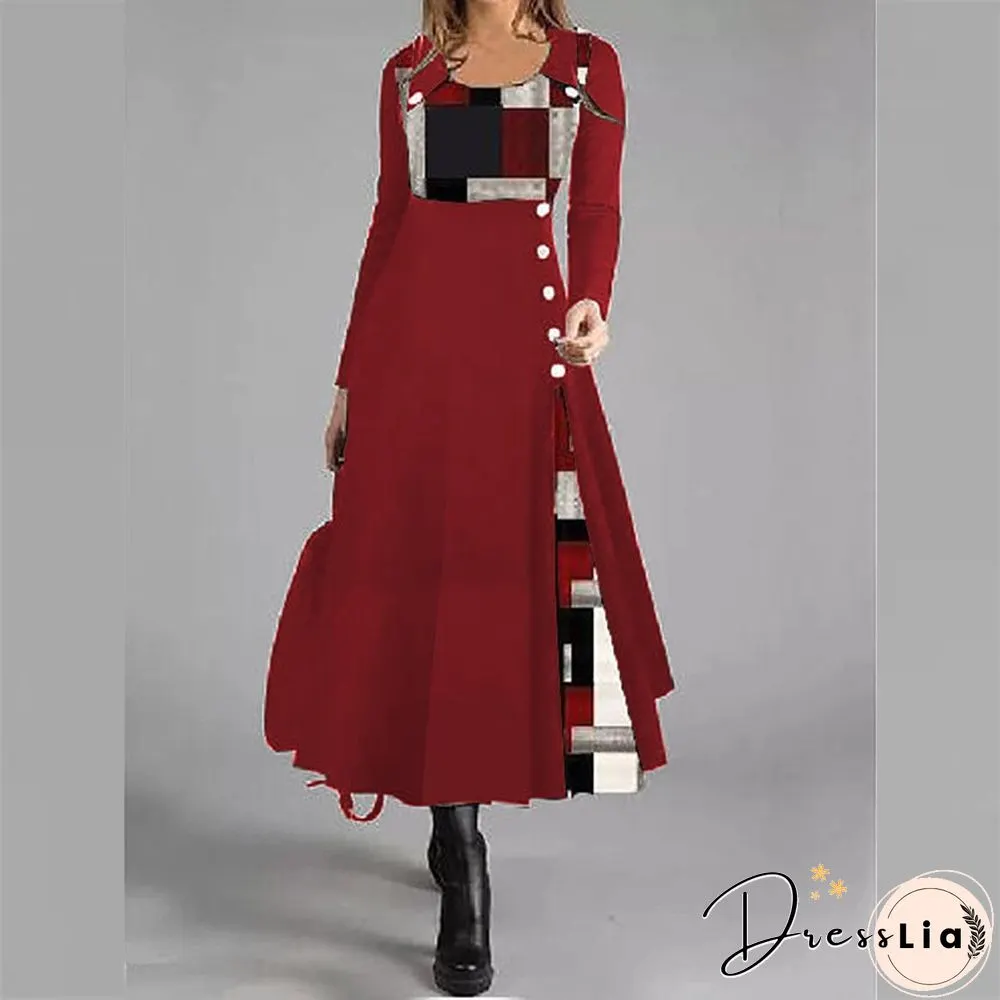 Womens O-Neck Patchwork Button Loose Pullover Long Dress Autumn Pattern Print A-Line Party