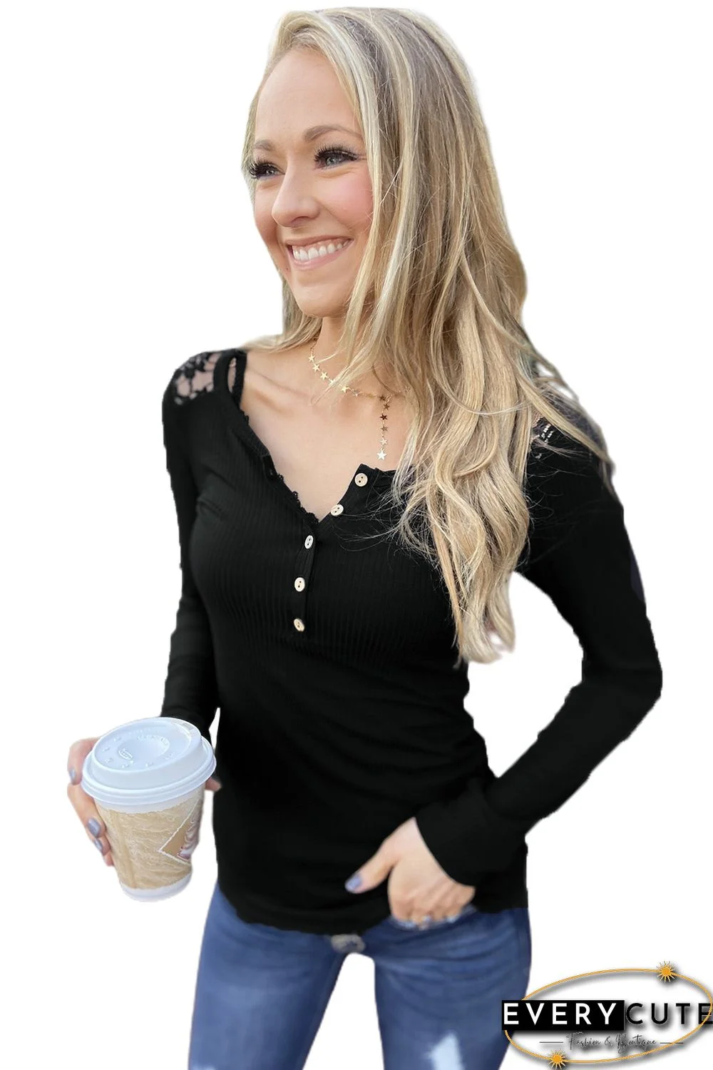 Black Lace Back Buttoned Henley Top