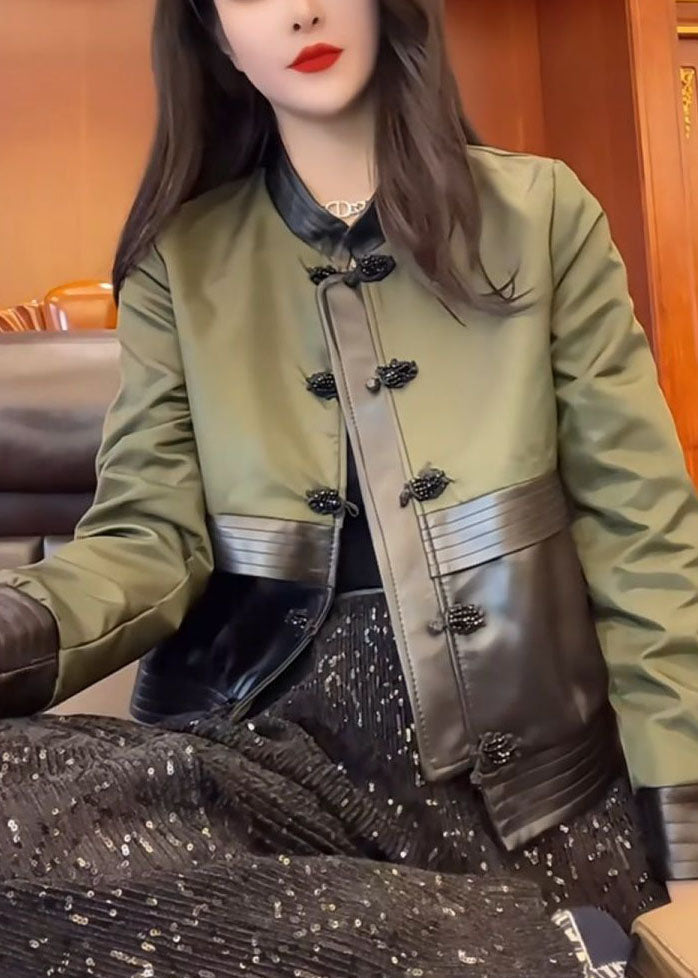 VCSHOES Green O-Neck Patchwork Button Leather Jacket Fall