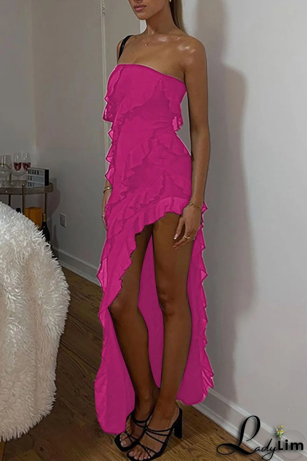 Pink Sexy Solid Patchwork Flounce Slit Asymmetrical Strapless Long Dress Dresses