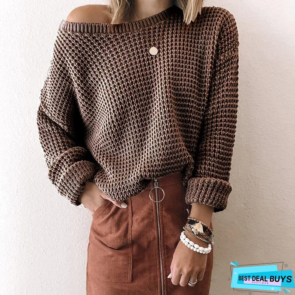 Loose Solid Color Inclined Collar Long Sleeve Knitted Sweater