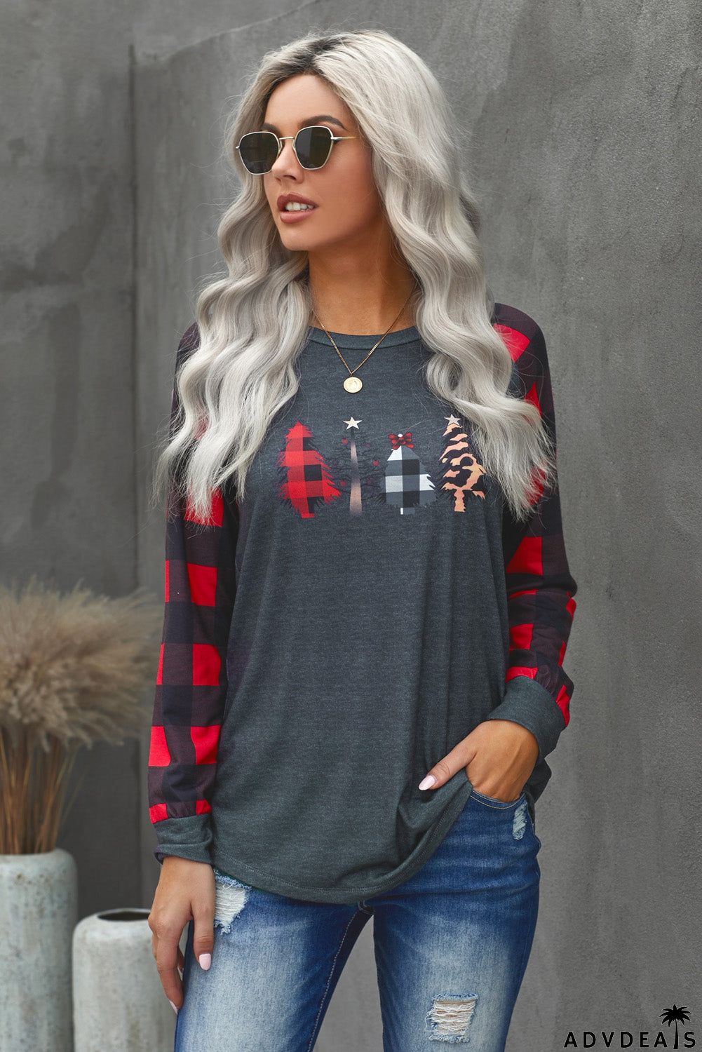 Christmas Pattern Plaid Splice Long Sleeve Top