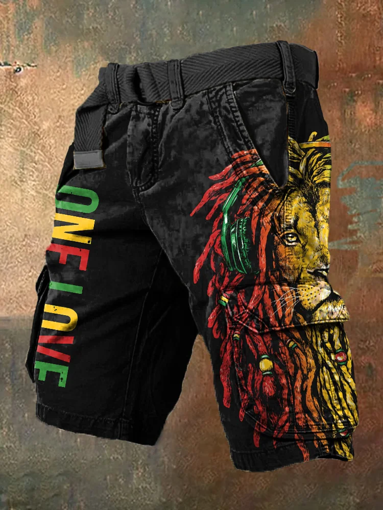Men's Reggae Lion Art Print Casual Cargo Shorts